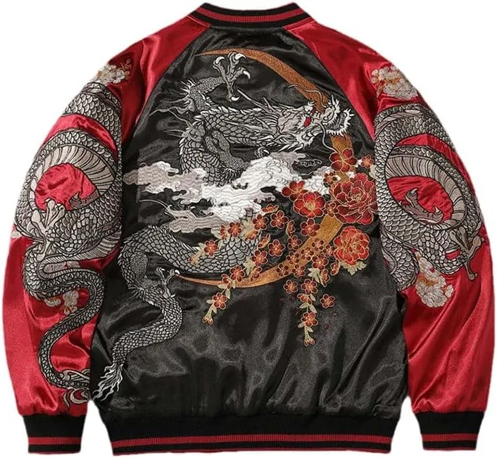 USTZFTBCL Embroidered Bomber Jacket Dragon Patchwork,Casual Motorcycle Coat,Heavy Industry Style