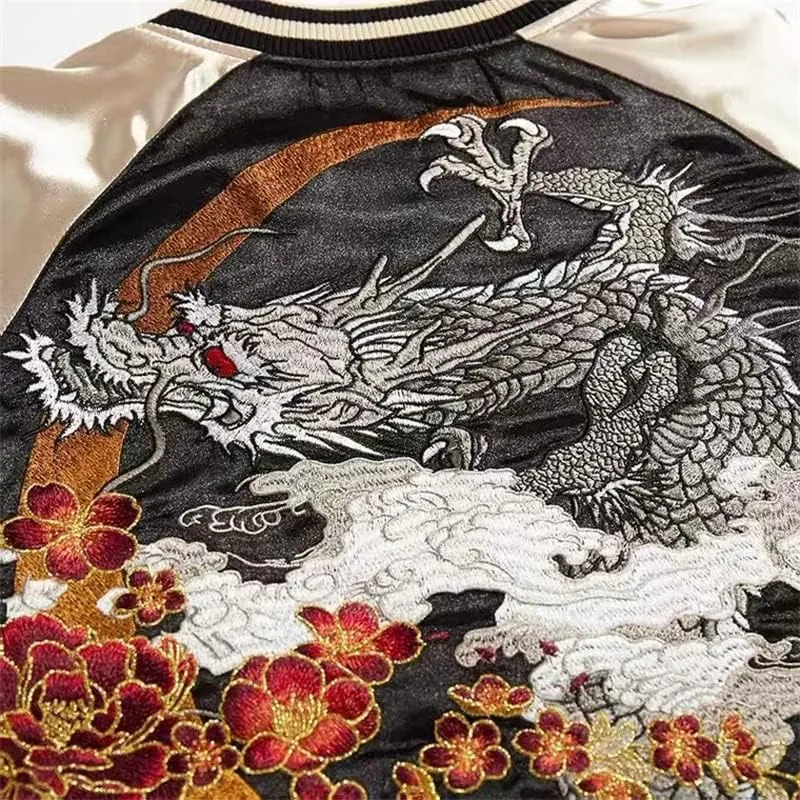 USTZFTBCL Embroidered Bomber Jacket Dragon Patchwork,Casual Motorcycle Coat,Heavy Industry Style