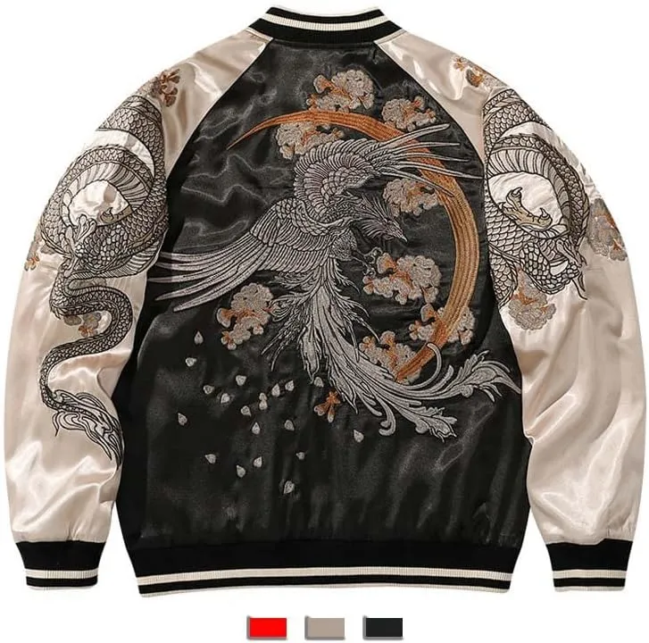 USTZFTBCL Embroidered Bomber Jacket Dragon Patchwork,Casual Motorcycle Coat,Heavy Industry Style