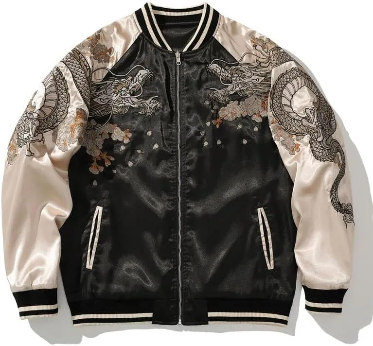 USTZFTBCL Embroidered Bomber Jacket Dragon Patchwork,Casual Motorcycle Coat,Heavy Industry Style