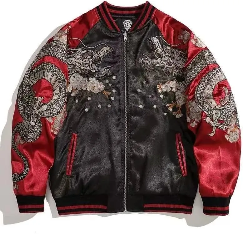 USTZFTBCL Embroidered Bomber Jacket Dragon Patchwork,Casual Motorcycle Coat,Heavy Industry Style