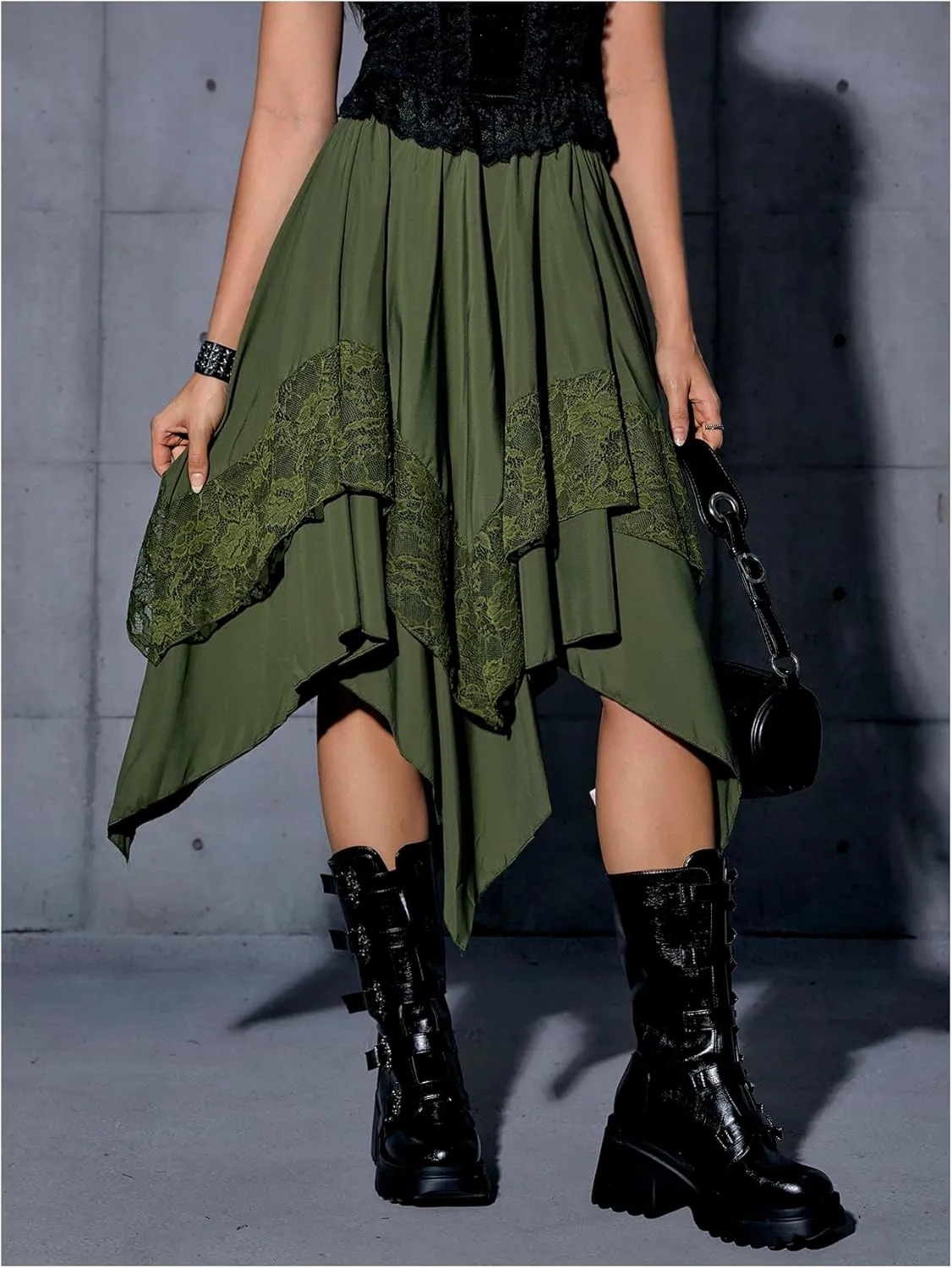 Verdusa Women's Renaissance Flowy Fairy Skirt Y2k Contrast Lace Layered Asymmetrical Midi Skirts