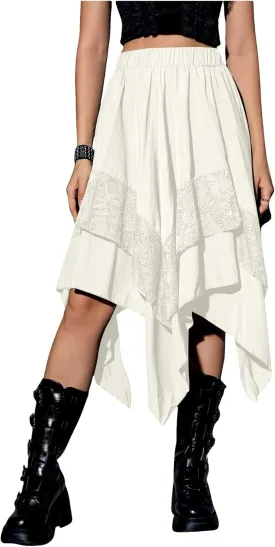 Verdusa Women's Renaissance Flowy Fairy Skirt Y2k Contrast Lace Layered Asymmetrical Midi Skirts