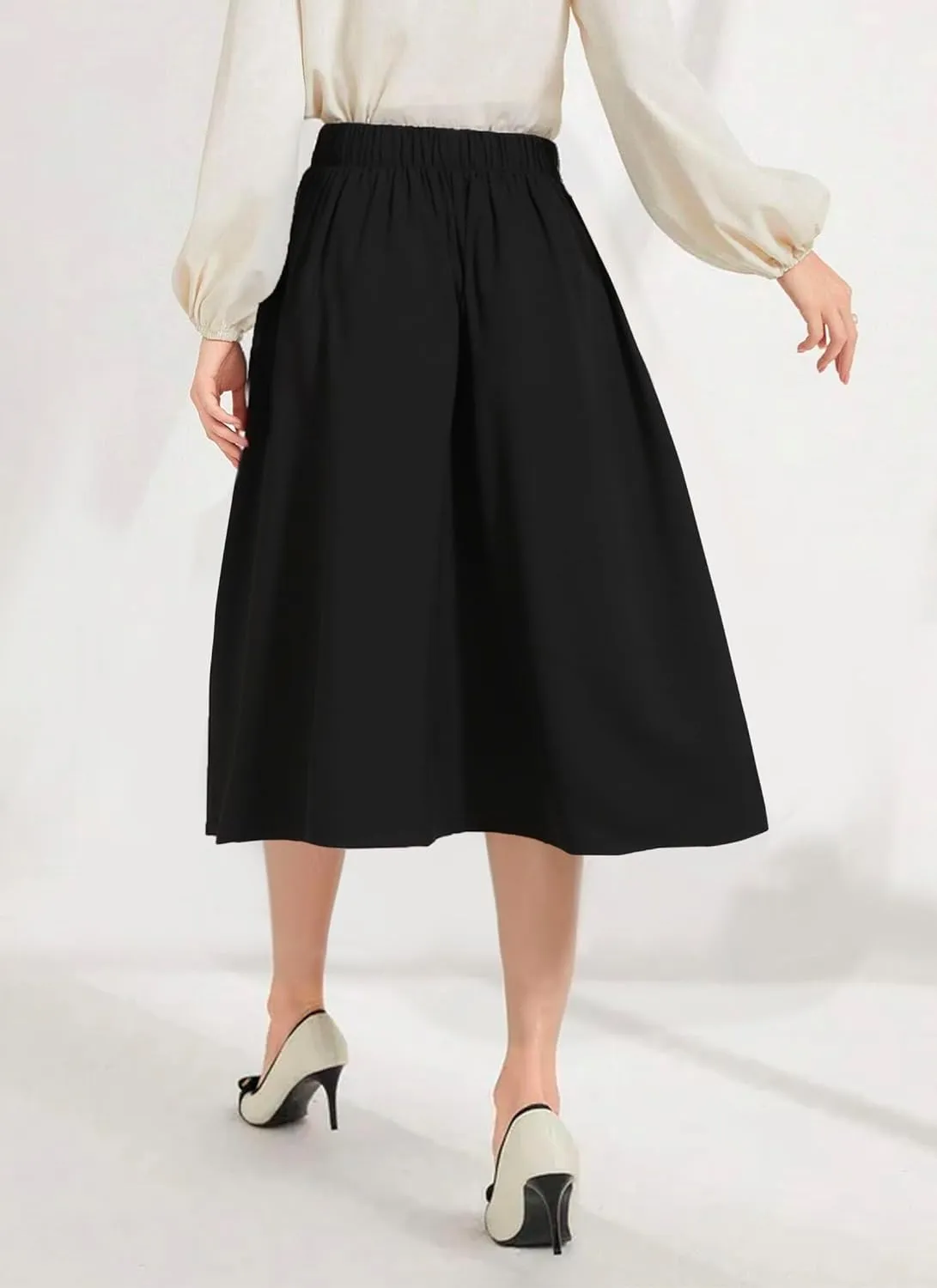 VOBCTY Women Casual Midi Skirt with Pockets Elegant A-Line Pleated High Waist Flowy Versatile Summer Skirt