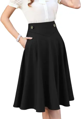 VOBCTY Women Casual Midi Skirt with Pockets Elegant A-Line Pleated High Waist Flowy Versatile Summer Skirt