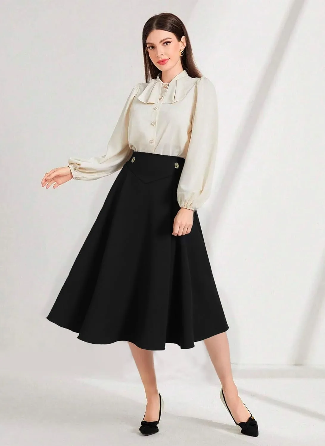 VOBCTY Women Casual Midi Skirt with Pockets Elegant A-Line Pleated High Waist Flowy Versatile Summer Skirt