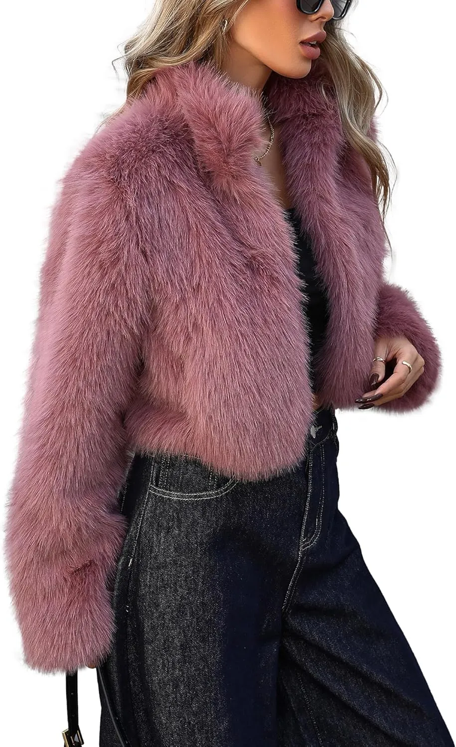 Women Faux Fur Jacket Stand Collar Open Front Long Sleeve Fluffy Outwear Coat