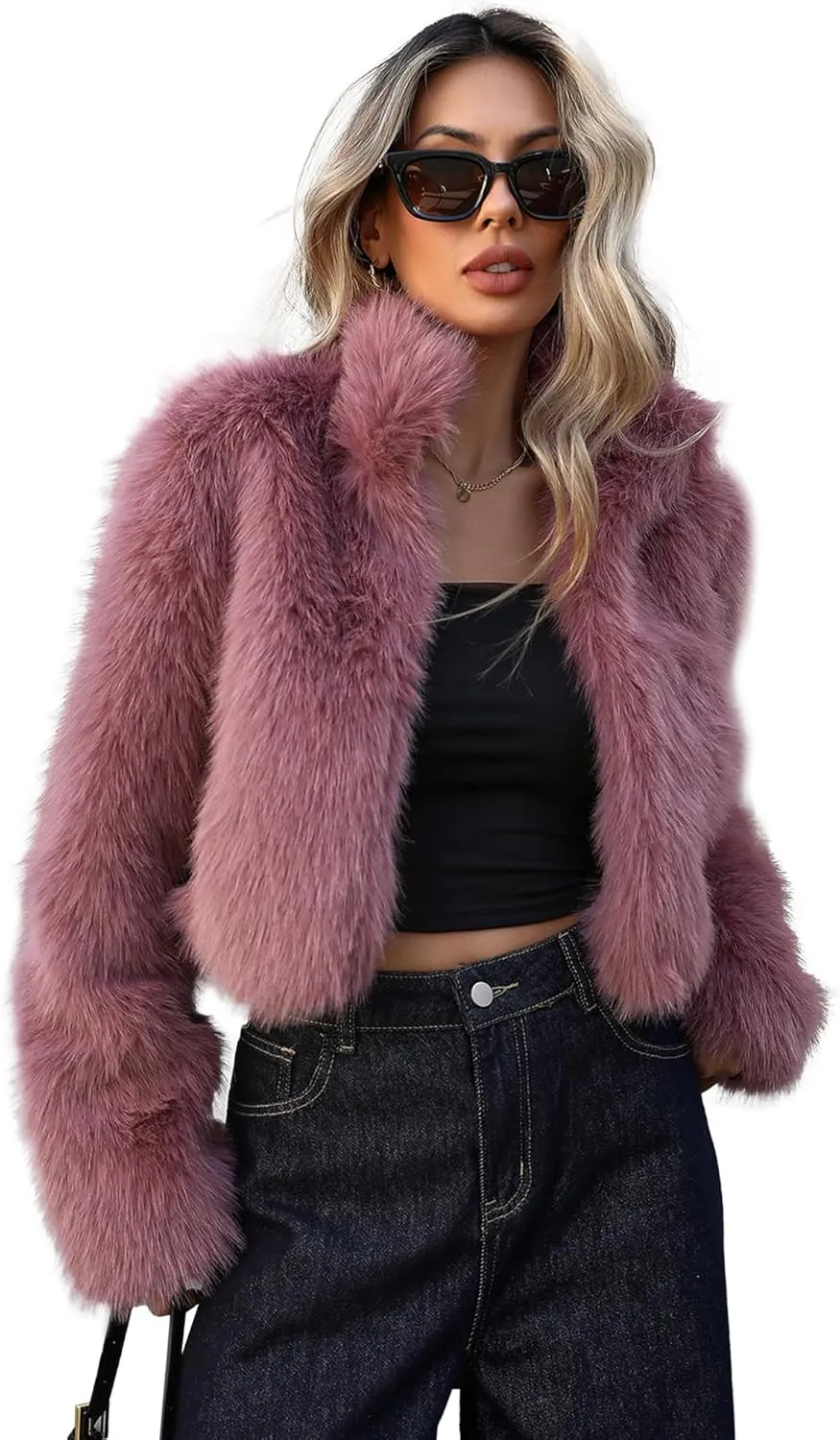 Women Faux Fur Jacket Stand Collar Open Front Long Sleeve Fluffy Outwear Coat