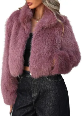 Women Faux Fur Jacket Stand Collar Open Front Long Sleeve Fluffy Outwear Coat