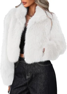 Women Faux Fur Jacket Stand Collar Open Front Long Sleeve Fluffy Outwear Coat