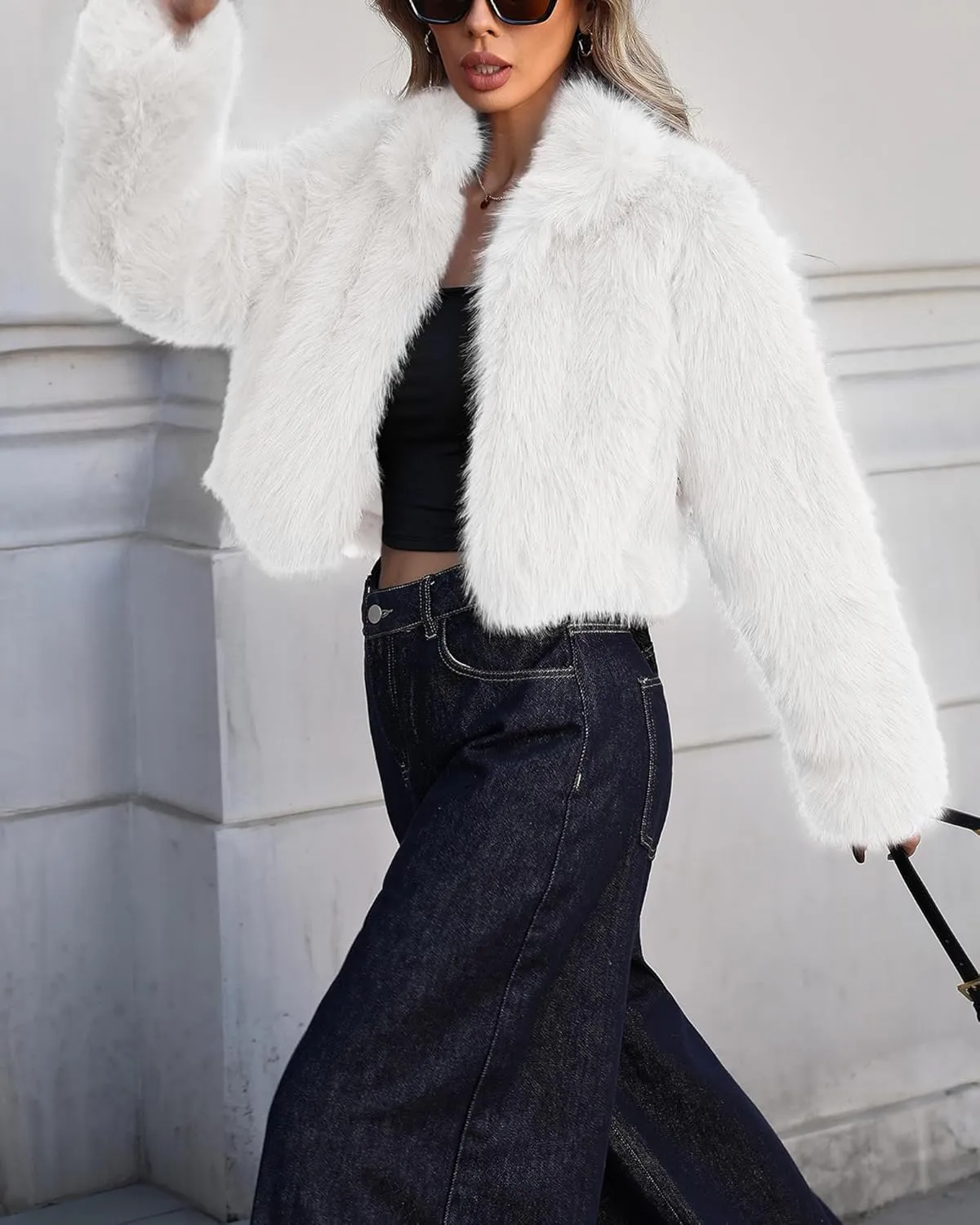 Women Faux Fur Jacket Stand Collar Open Front Long Sleeve Fluffy Outwear Coat