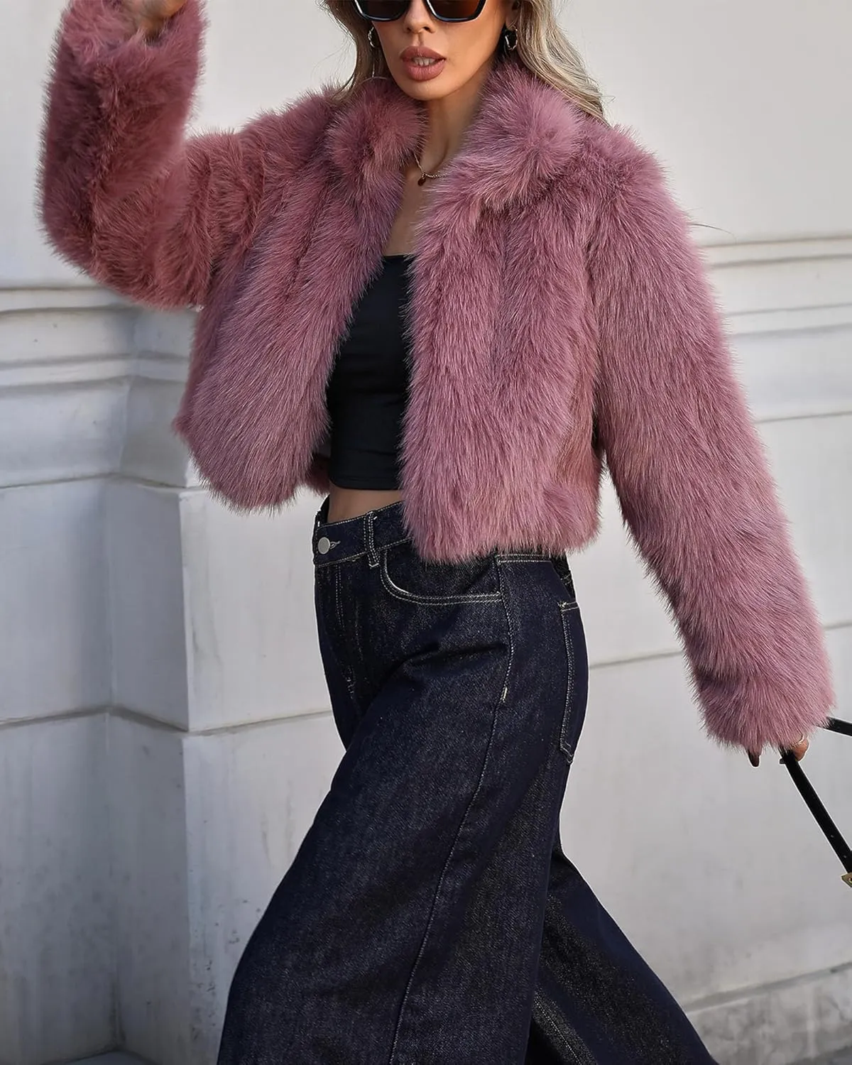 Women Faux Fur Jacket Stand Collar Open Front Long Sleeve Fluffy Outwear Coat