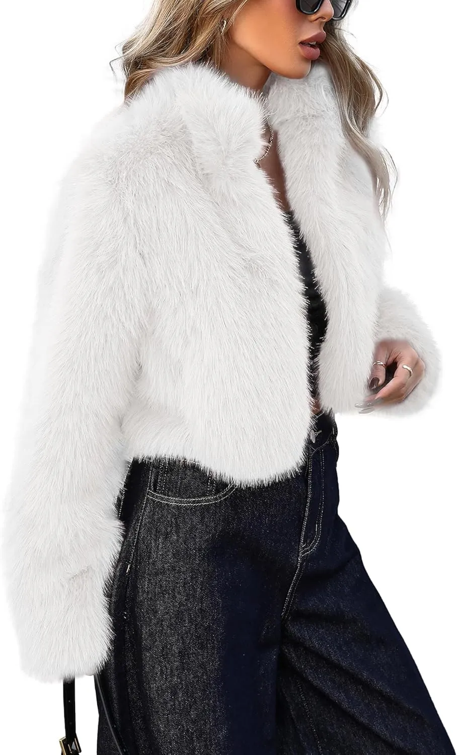 Women Faux Fur Jacket Stand Collar Open Front Long Sleeve Fluffy Outwear Coat