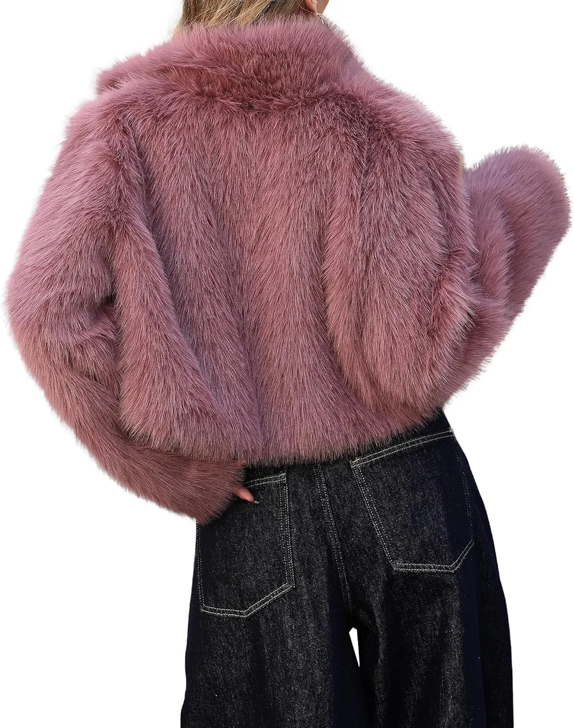 Women Faux Fur Jacket Stand Collar Open Front Long Sleeve Fluffy Outwear Coat