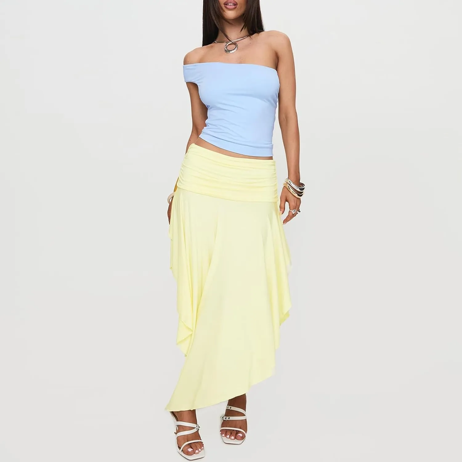 Women Long Skirt Elegant Plaid/Dot Print Low Waisted Midi Skirt Flowy Irregular A-Line Skirt for Casual Daily