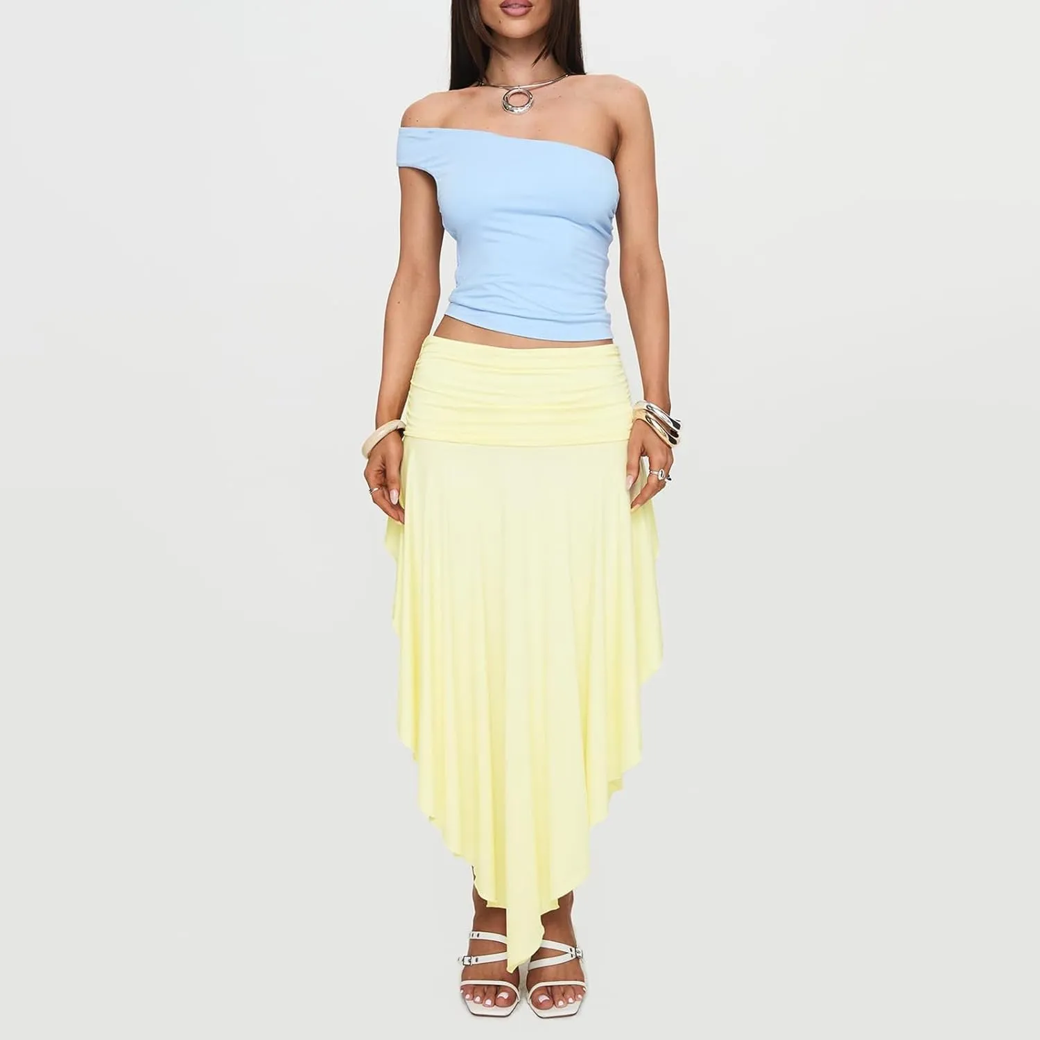 Women Long Skirt Elegant Plaid/Dot Print Low Waisted Midi Skirt Flowy Irregular A-Line Skirt for Casual Daily