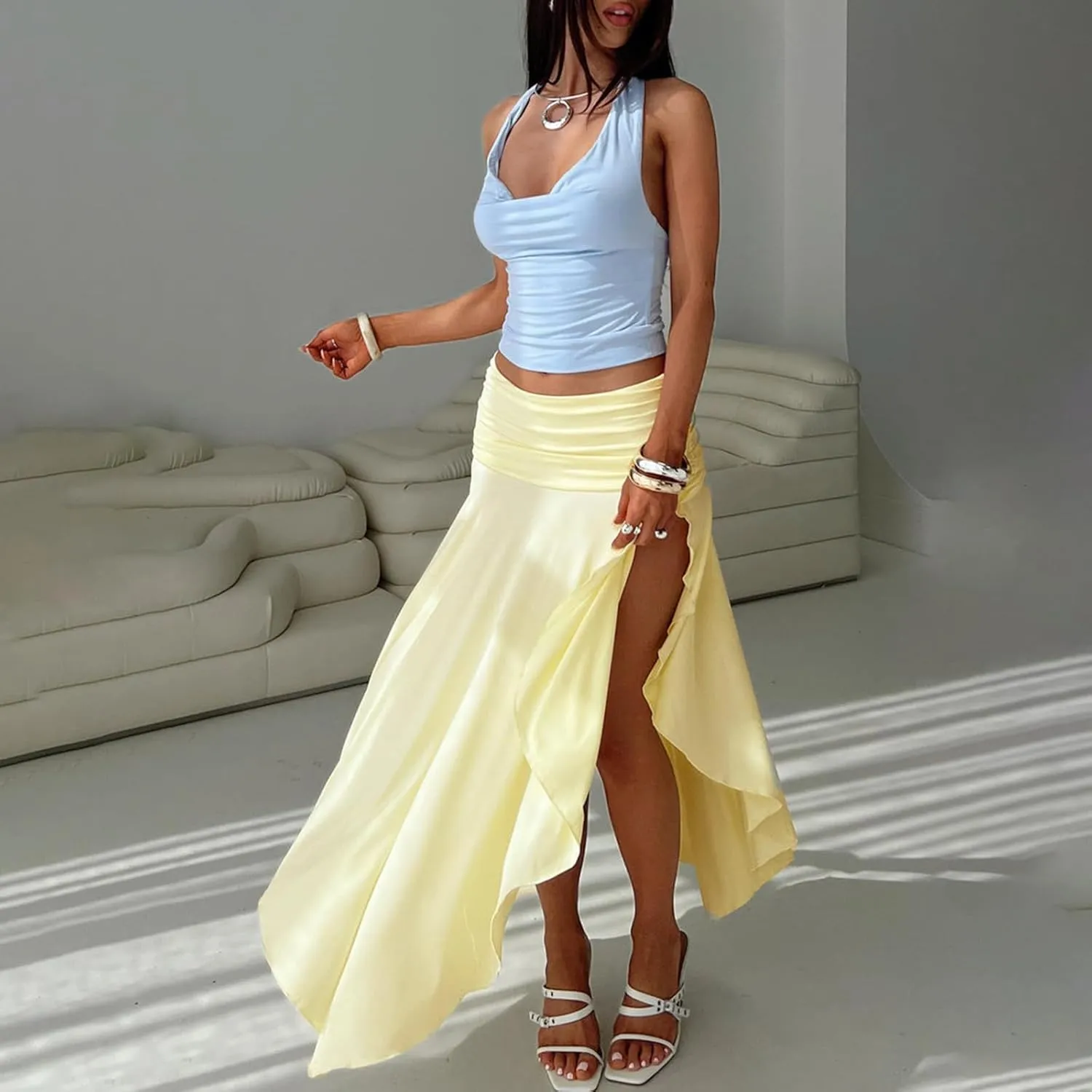 Women Long Skirt Elegant Plaid/Dot Print Low Waisted Midi Skirt Flowy Irregular A-Line Skirt for Casual Daily