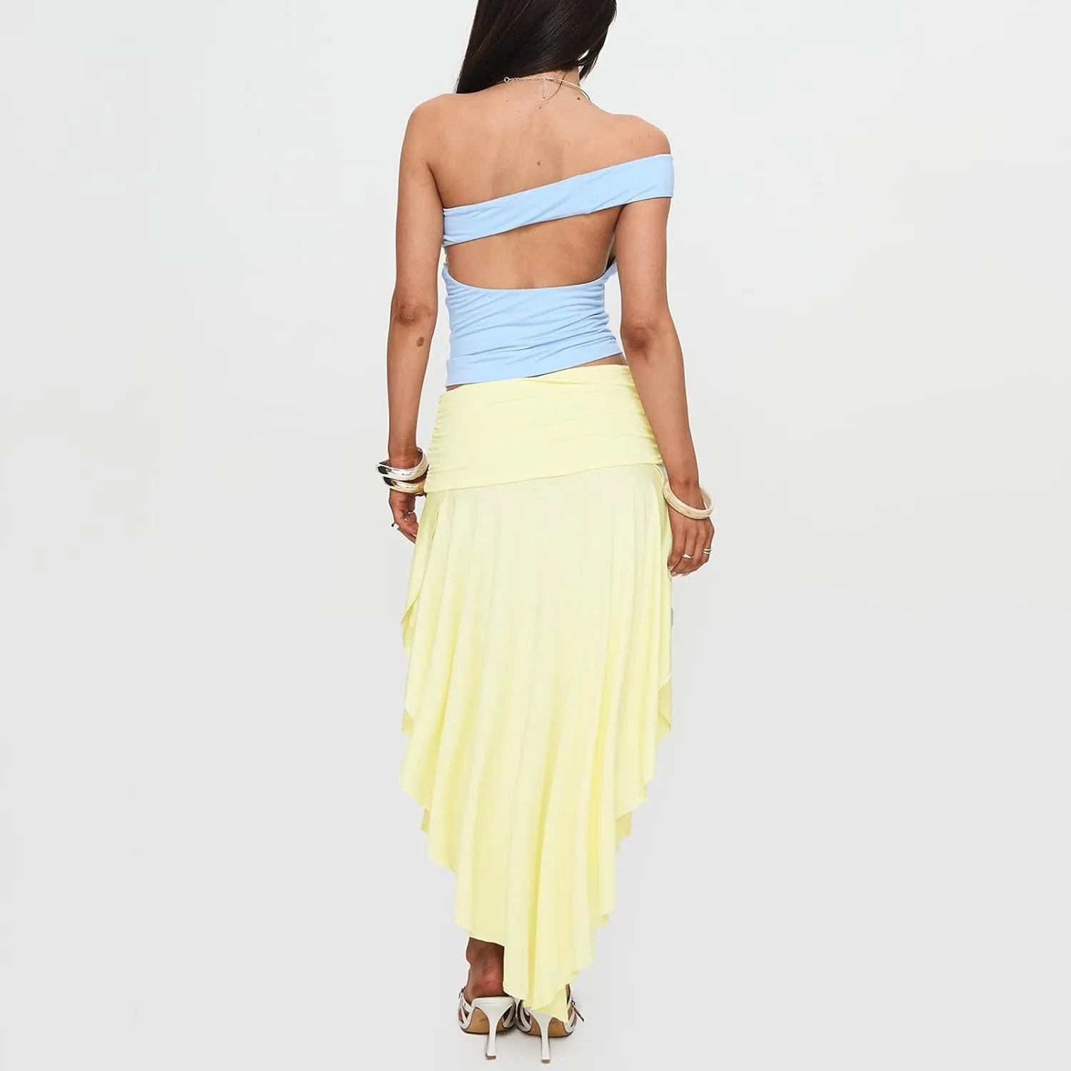Women Long Skirt Elegant Plaid/Dot Print Low Waisted Midi Skirt Flowy Irregular A-Line Skirt for Casual Daily