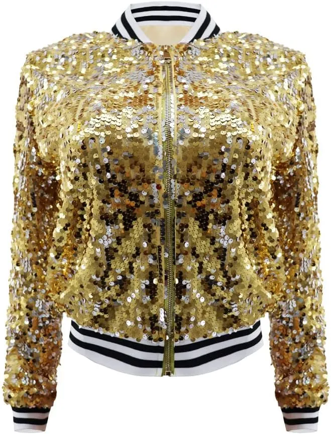 Women Sequin Jacket Long Sleeve Front Zipper Ribbed Blazer Bomber Jacket