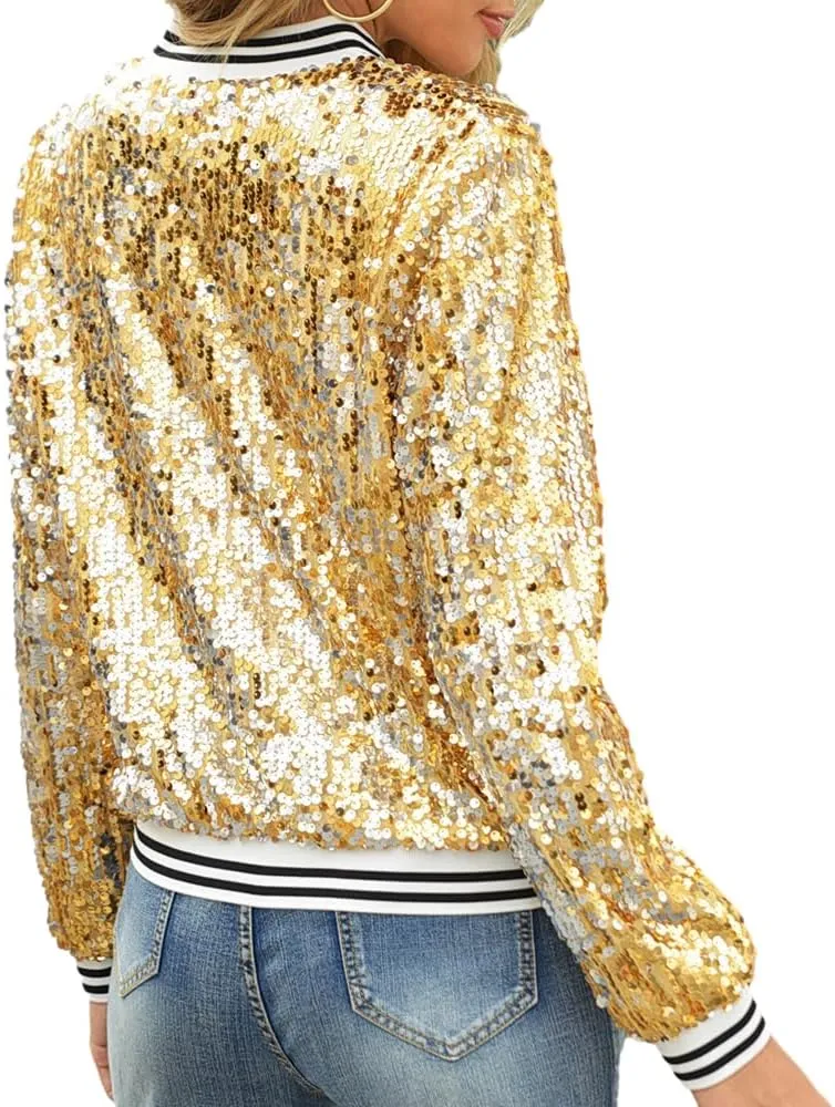 Women Sequin Jacket Long Sleeve Front Zipper Ribbed Blazer Bomber Jacket