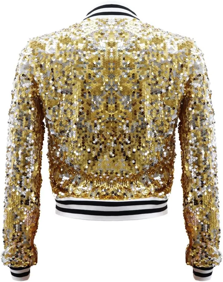 Women Sequin Jacket Long Sleeve Front Zipper Ribbed Blazer Bomber Jacket
