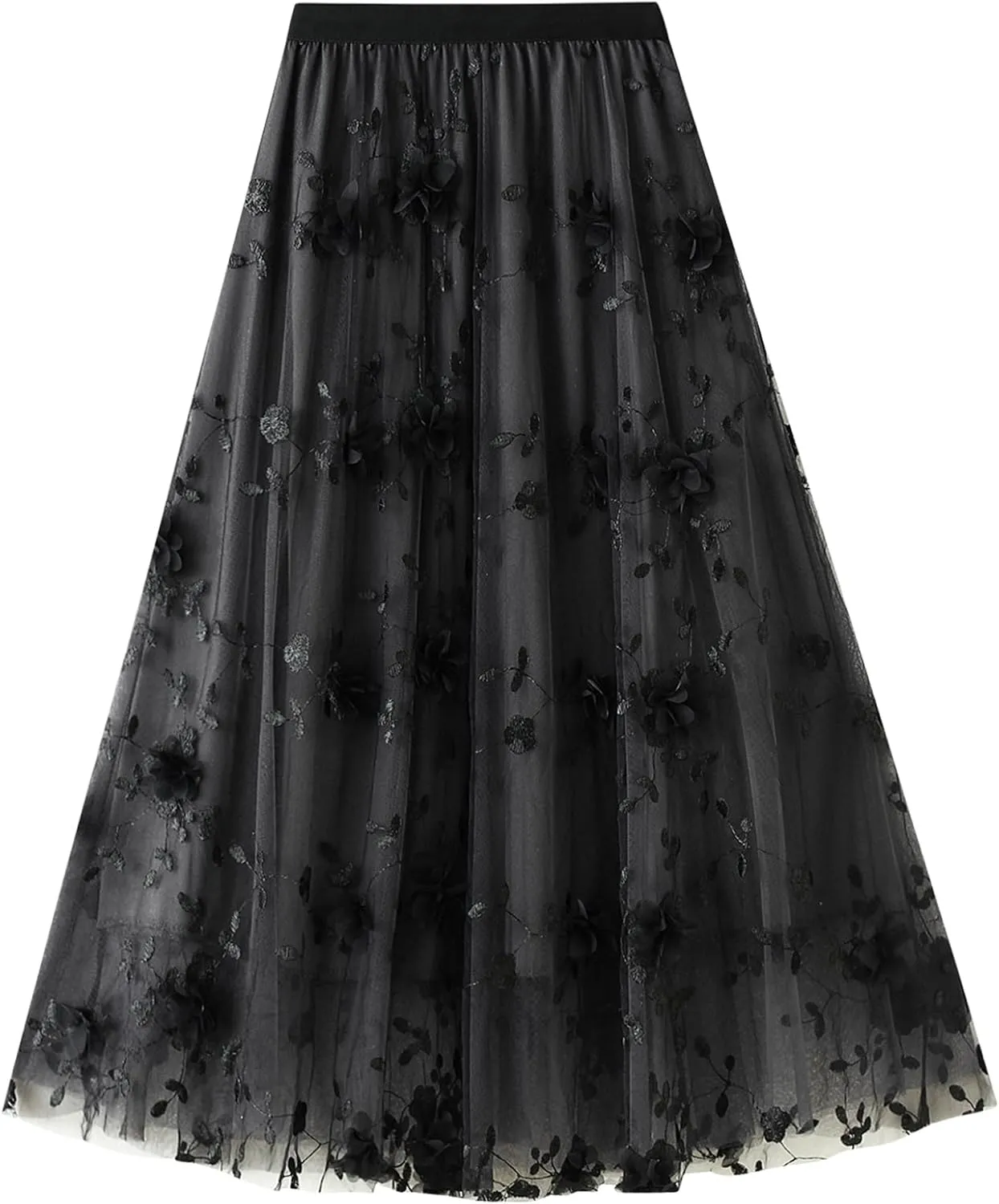 Women's 50s Vintage Floral Embroidery Midi Skirt High Waist Mesh Summer Cocktail Tea Party A-Line Layered Skirt