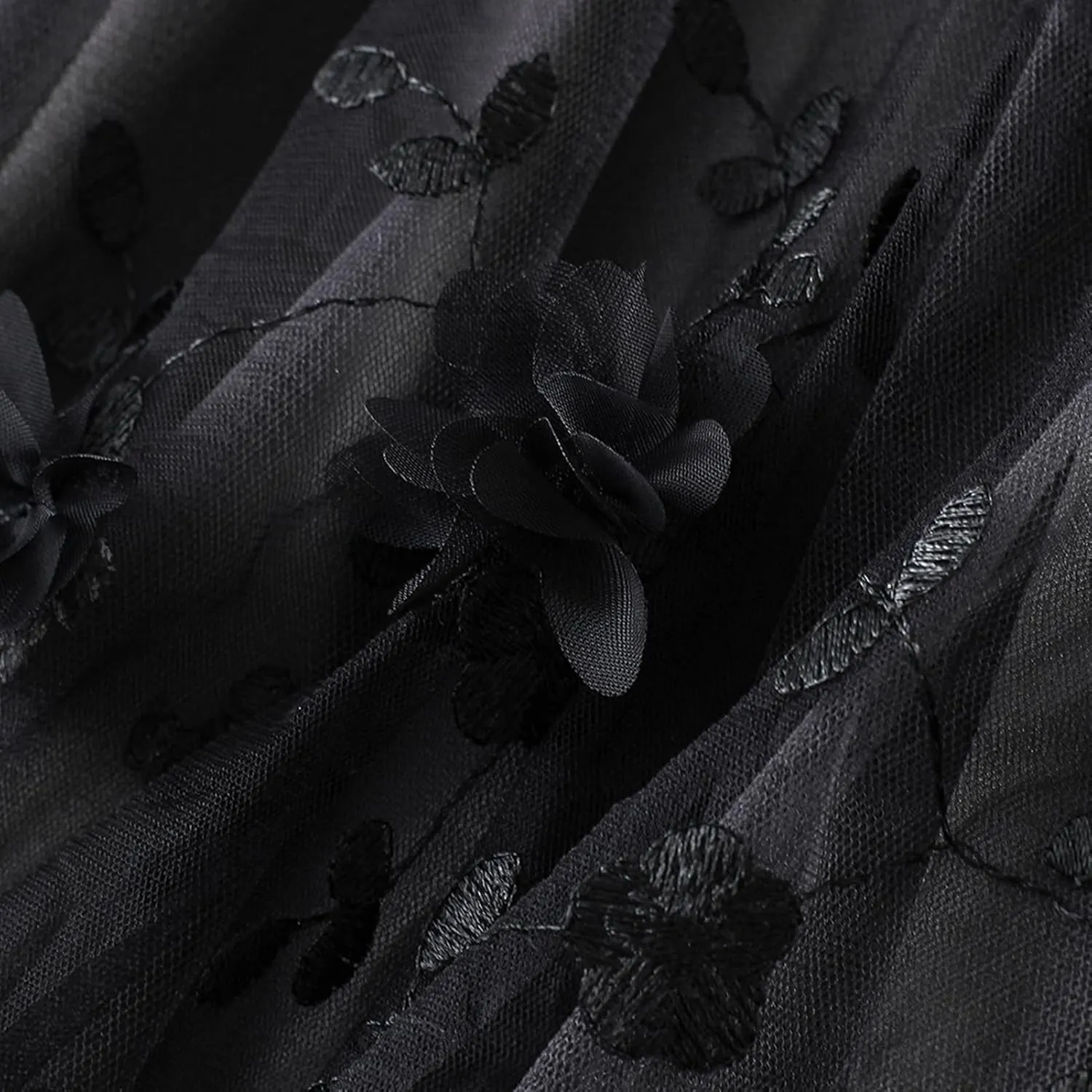 Women's 50s Vintage Floral Embroidery Midi Skirt High Waist Mesh Summer Cocktail Tea Party A-Line Layered Skirt