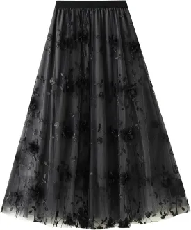 Women's 50s Vintage Floral Embroidery Midi Skirt High Waist Mesh Summer Cocktail Tea Party A-Line Layered Skirt