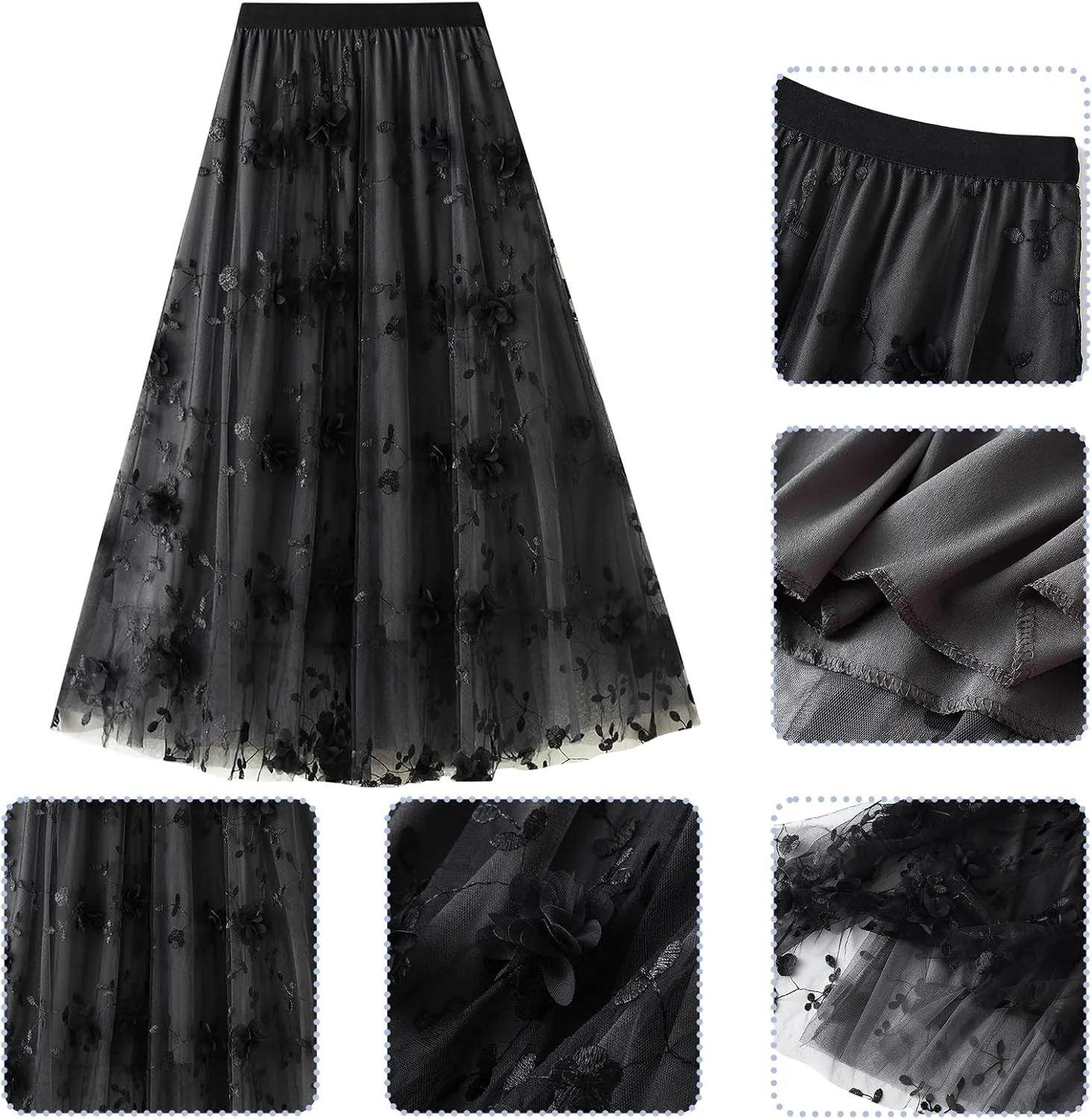 Women's 50s Vintage Floral Embroidery Midi Skirt High Waist Mesh Summer Cocktail Tea Party A-Line Layered Skirt