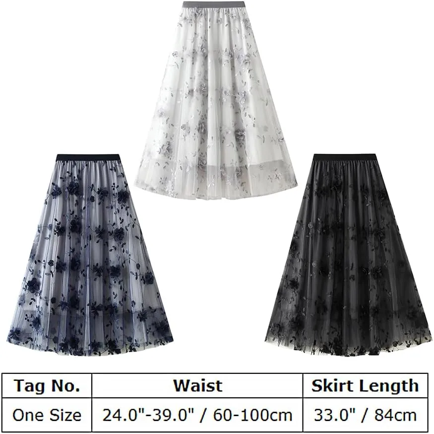 Women's 50s Vintage Floral Embroidery Midi Skirt High Waist Mesh Summer Cocktail Tea Party A-Line Layered Skirt