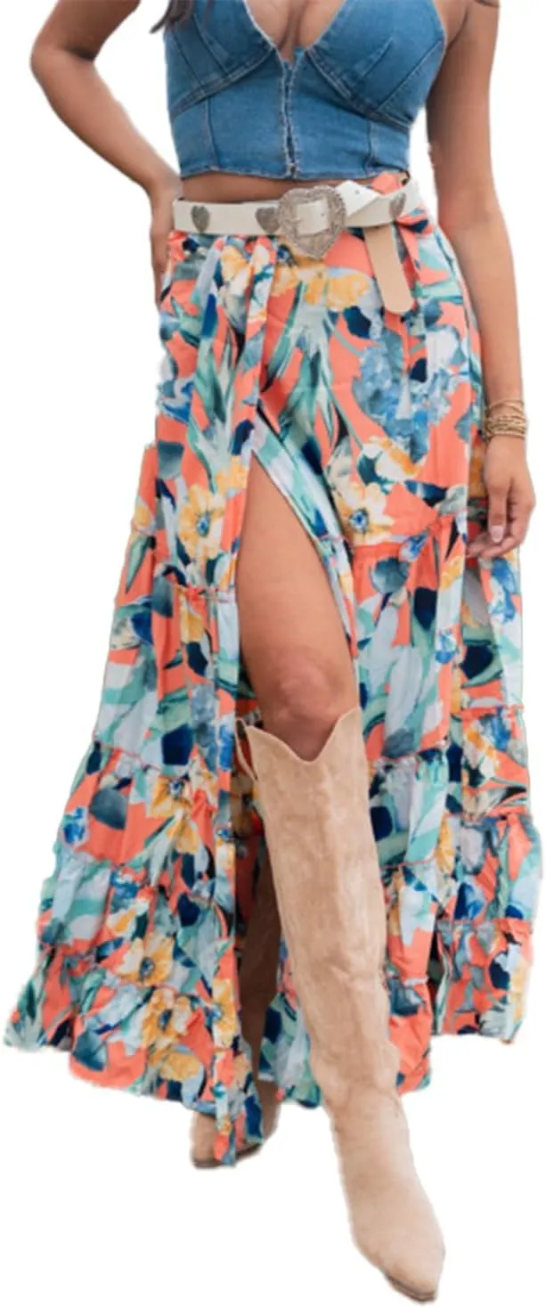 Women's Boho Floral Printed Maxi Skirts Casual High Waisted Side Slit Skirt Ruffle Sexy Bodycon Long Flowy Midi Dress