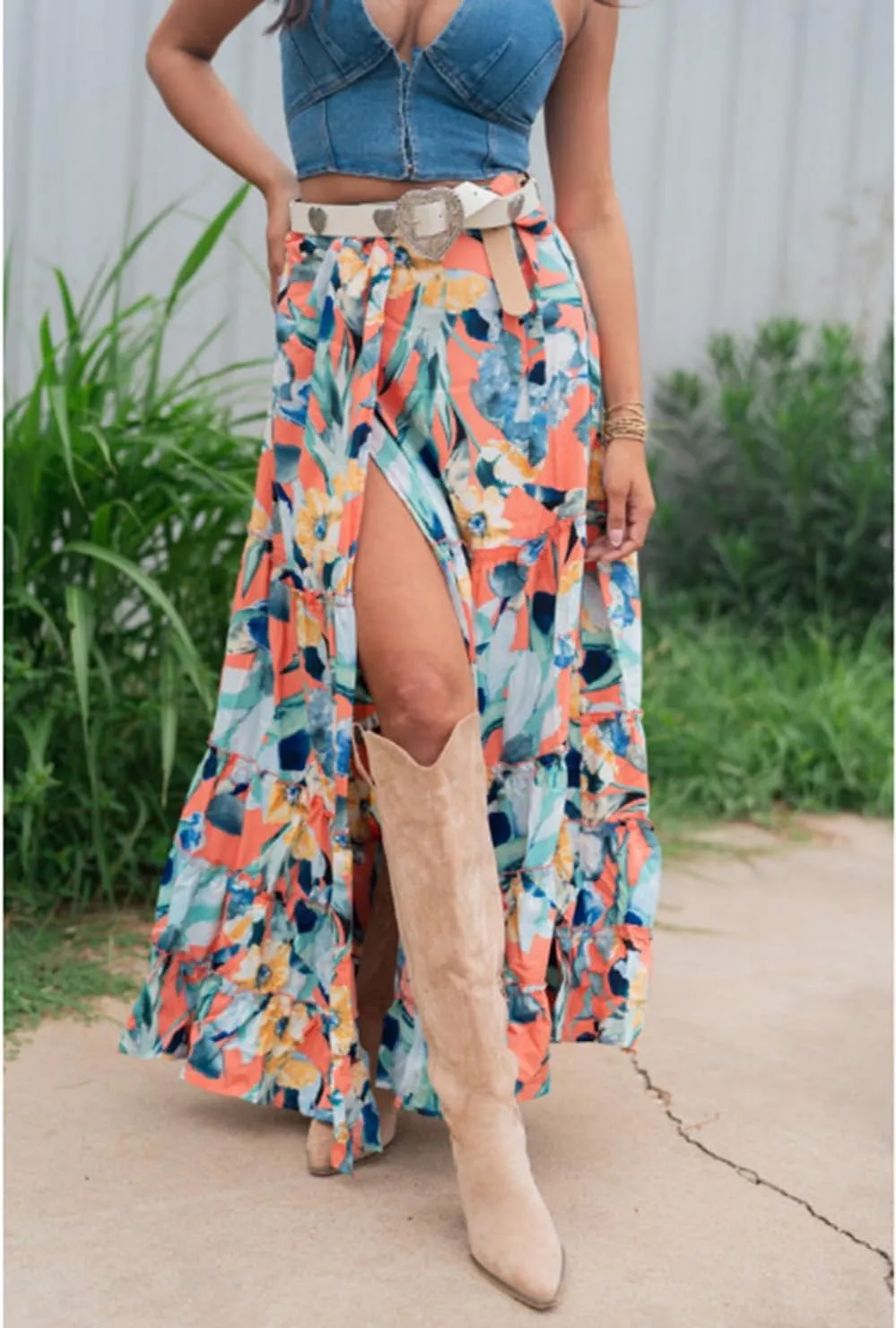 Women's Boho Floral Printed Maxi Skirts Casual High Waisted Side Slit Skirt Ruffle Sexy Bodycon Long Flowy Midi Dress