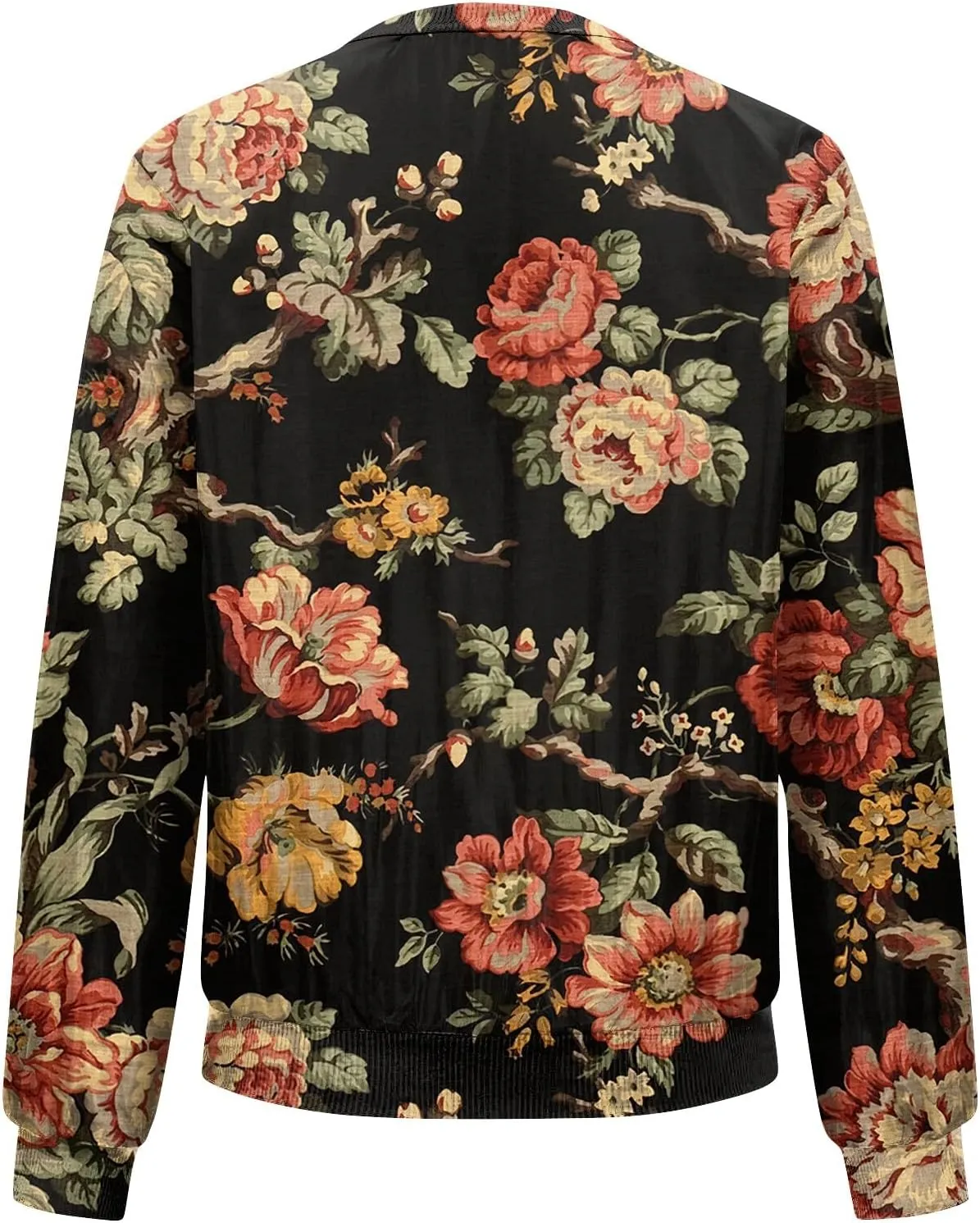 Women'S Bomber Jackets Lightweight Floral Printing Zip Up Long Sleeve Jacket With Pocket Fall Stand Collar Coat