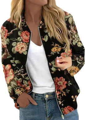 Women'S Bomber Jackets Lightweight Floral Printing Zip Up Long Sleeve Jacket With Pocket Fall Stand Collar Coat