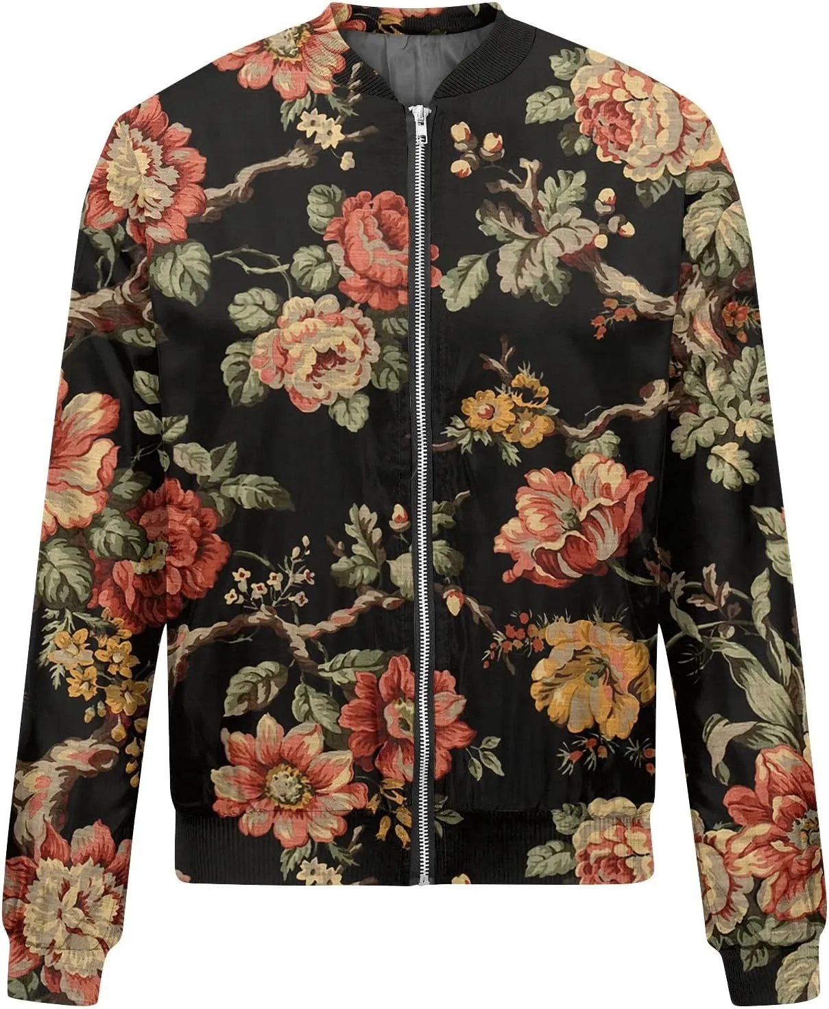 Women'S Bomber Jackets Lightweight Floral Printing Zip Up Long Sleeve Jacket With Pocket Fall Stand Collar Coat