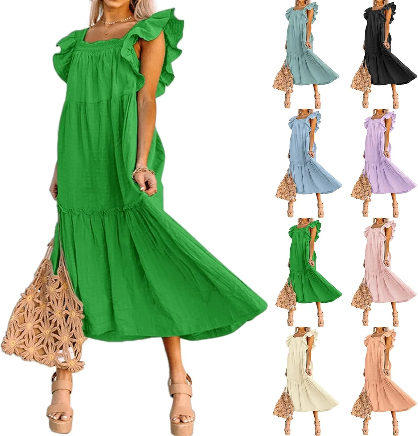 Womens Dresses Casual Square Neck Long Dress A Line Dress Off Shoulder Style Elegant Ruffle Hemline Maxi Dresses