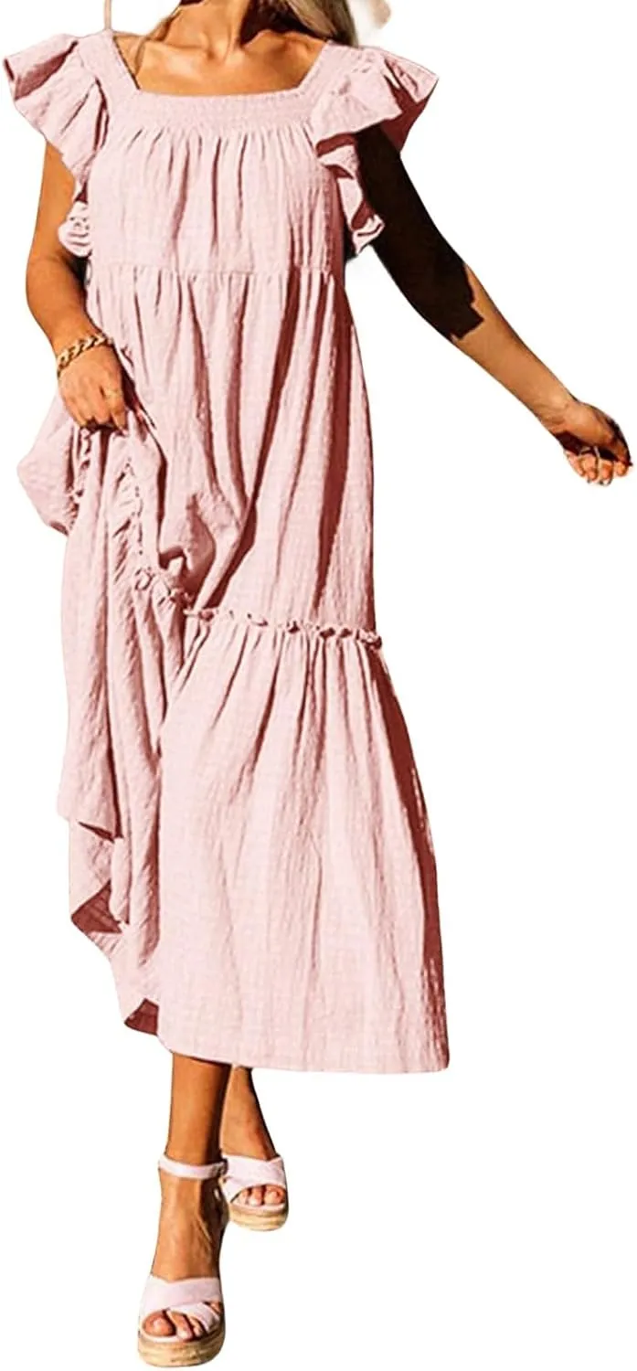 Womens Dresses Casual Square Neck Long Dress A Line Dress Off Shoulder Style Elegant Ruffle Hemline Maxi Dresses