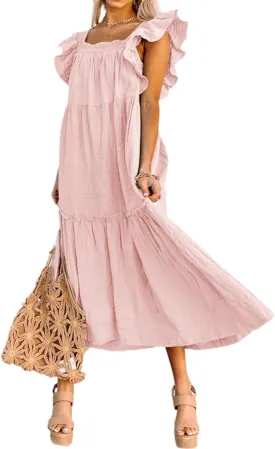 Womens Dresses Casual Square Neck Long Dress A Line Dress Off Shoulder Style Elegant Ruffle Hemline Maxi Dresses