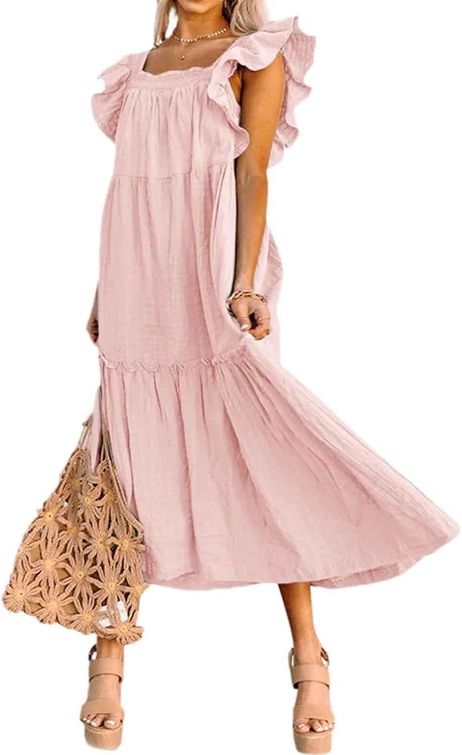 Womens Dresses Casual Square Neck Long Dress A Line Dress Off Shoulder Style Elegant Ruffle Hemline Maxi Dresses