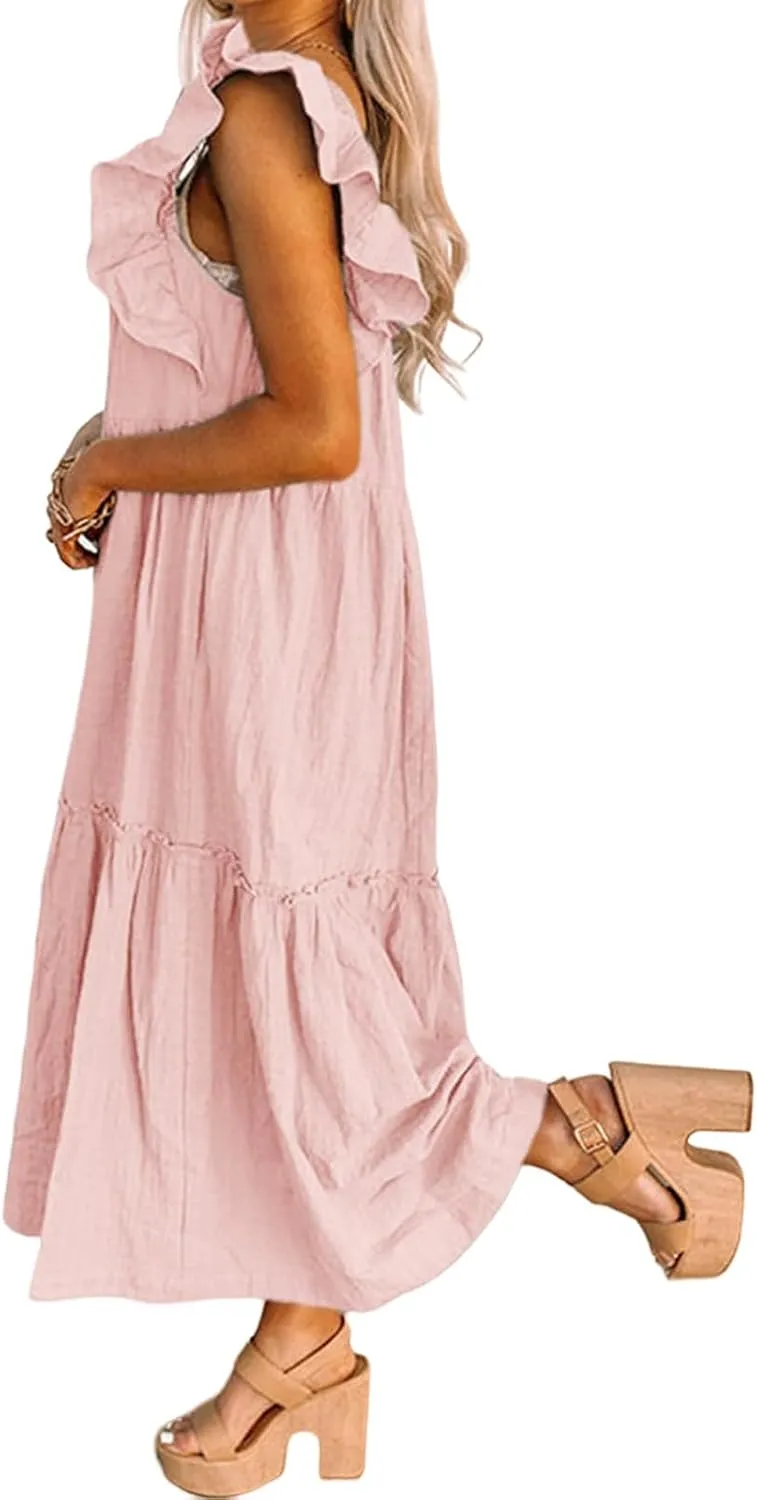 Womens Dresses Casual Square Neck Long Dress A Line Dress Off Shoulder Style Elegant Ruffle Hemline Maxi Dresses