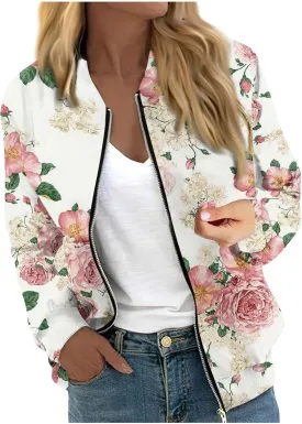 Women's Floral Print Bomber Jacket Cropped Jacket Long Sleeve Zipper Up Party Club Jacket Windbreaker Outerwear