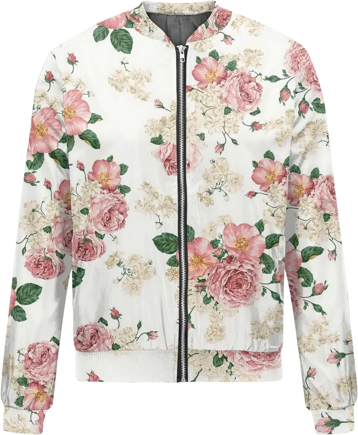 Women's Floral Print Bomber Jacket Cropped Jacket Long Sleeve Zipper Up Party Club Jacket Windbreaker Outerwear