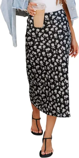 Womens Floral Print Midi Skirt Casual High Elastic Waist Zipper Vintage Long Boho Skirts for Women