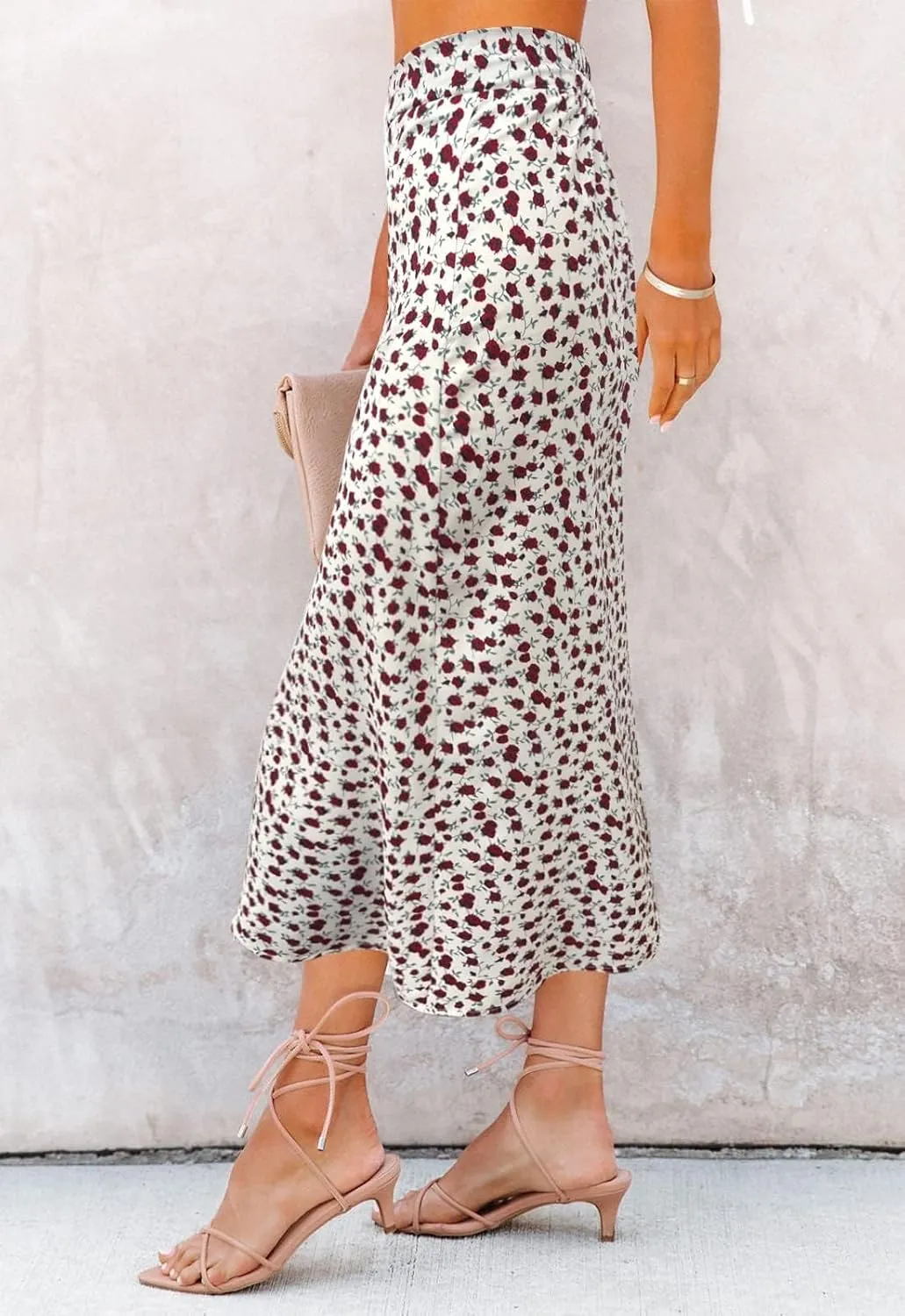 Womens Floral Print Midi Skirt Casual High Elastic Waist Zipper Vintage Long Boho Skirts for Women