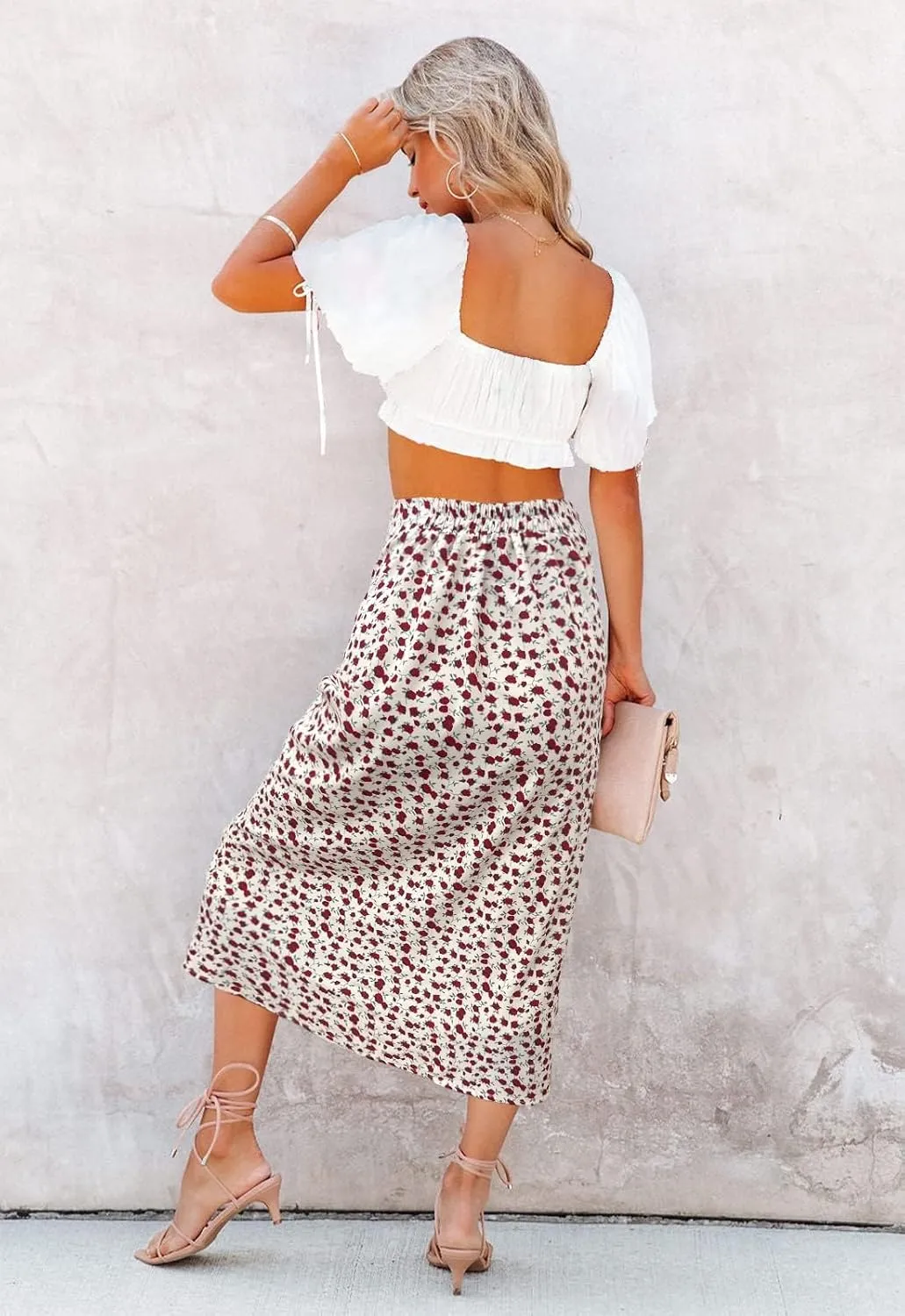 Womens Floral Print Midi Skirt Casual High Elastic Waist Zipper Vintage Long Boho Skirts for Women