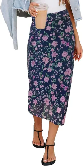 Womens Floral Print Midi Skirt Casual High Elastic Waist Zipper Vintage Long Boho Skirts for Women