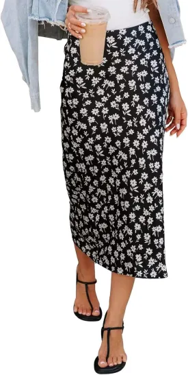 Women??s Floral Print Midi Skirt Casual High Elastic Waist Zipper Vintage Long Boho Skirts for Women
