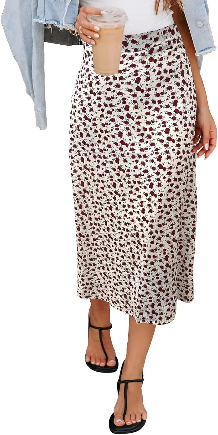 Womens Floral Print Midi Skirt Casual High Elastic Waist Zipper Vintage Long Boho Skirts for Women