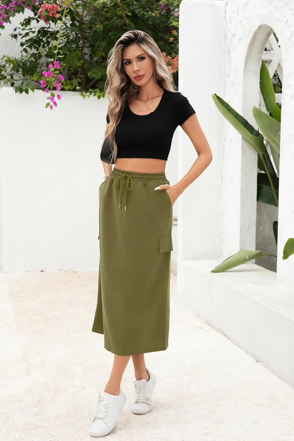 Women's Midi Cargo Skirt High Waist Drawstring Summer Slit Dressy Casual Skirts with Pockets