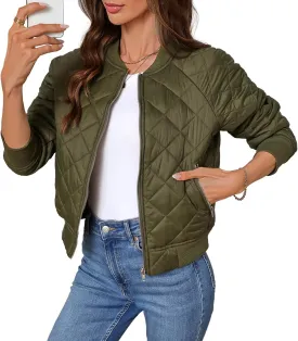 Women's Quilted Jackets Lightweight Zip up Bomber Jacket Long Sleeve Casual Y2K Jacket with Pockets